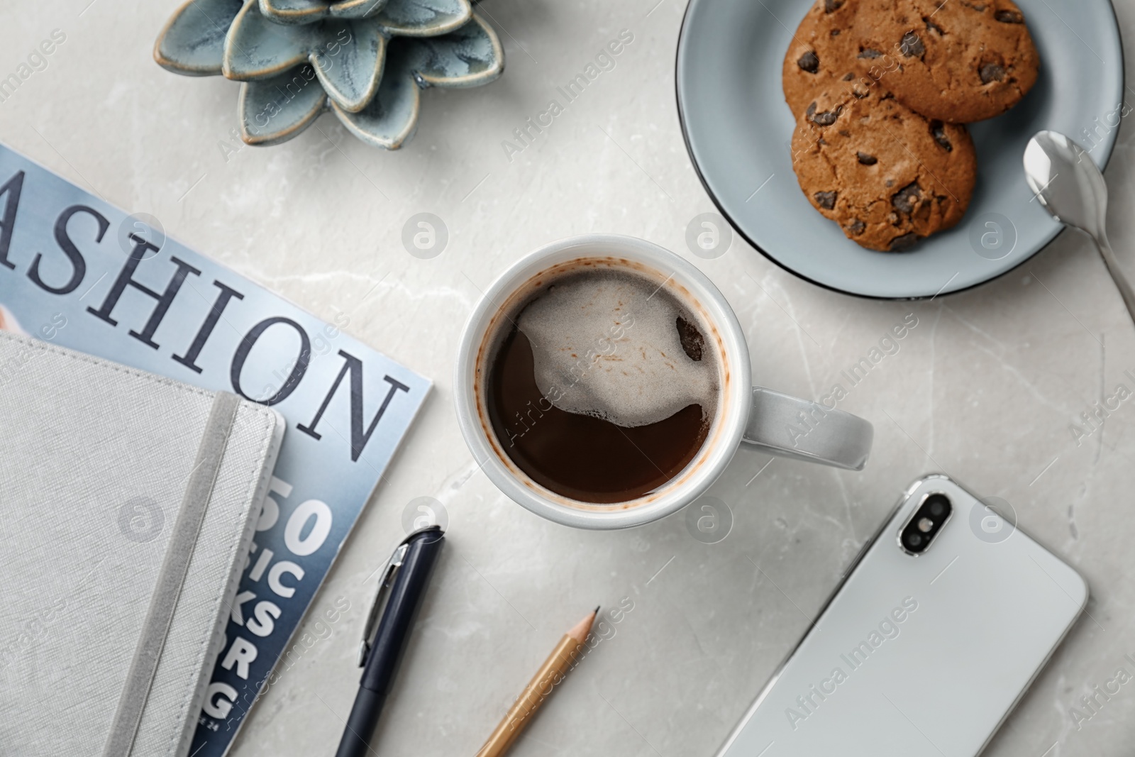 Photo of Creative flat lay composition with delicious hot coffee on table