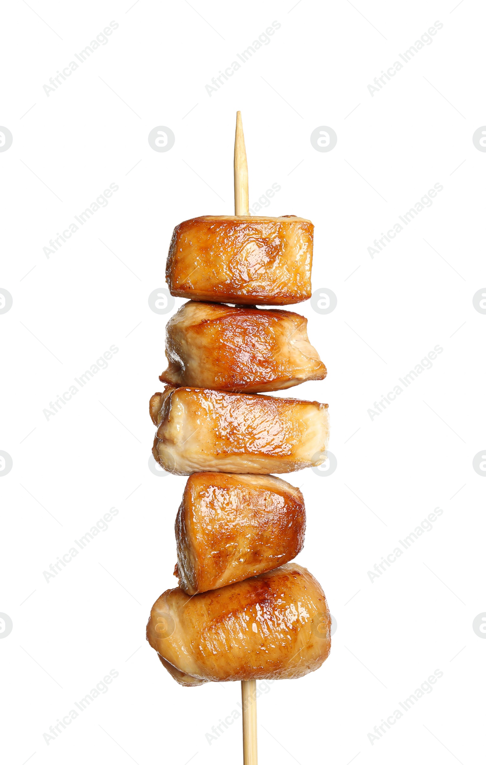 Photo of Delicious chicken shish kebab on white background