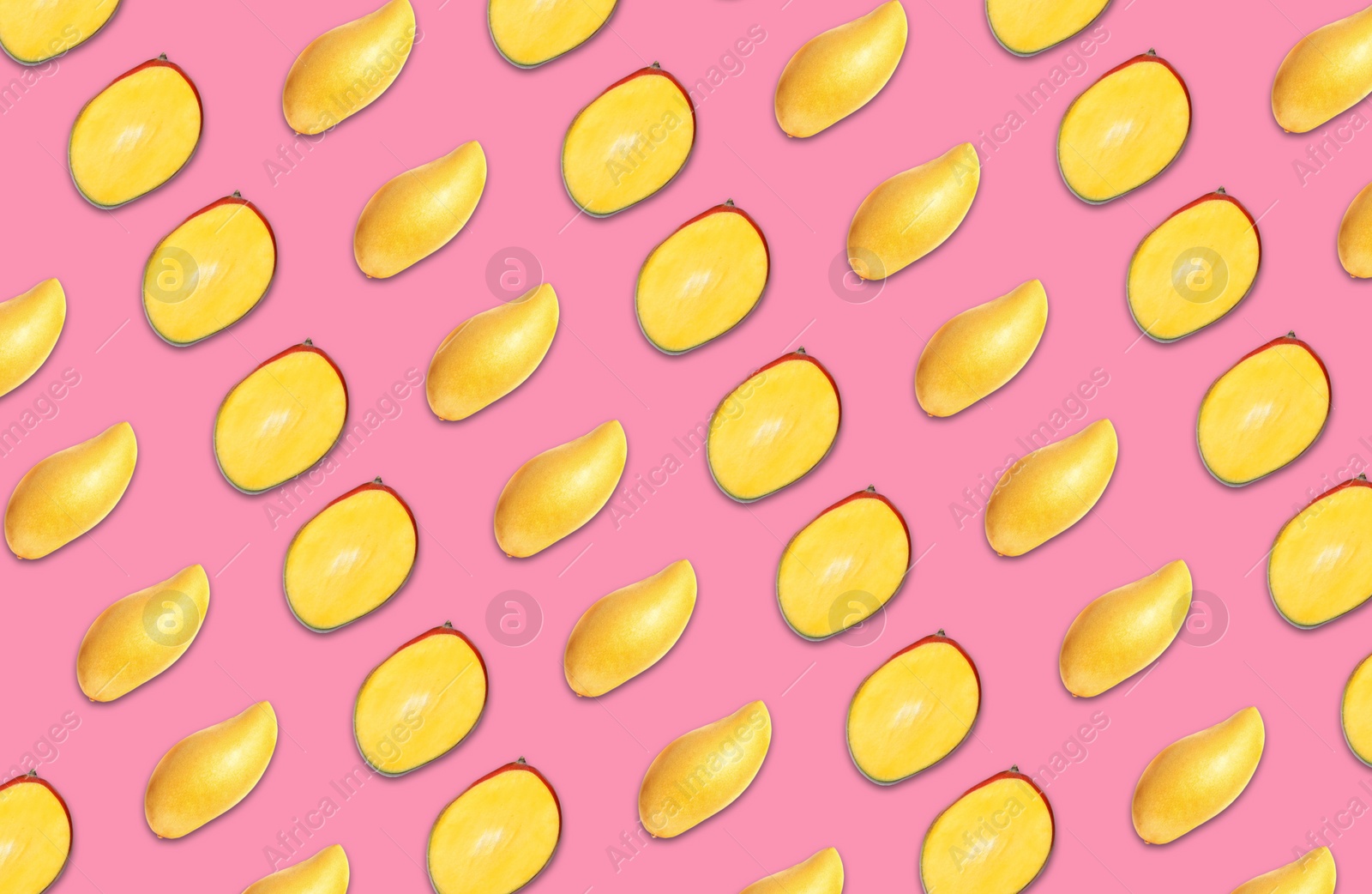 Image of Pattern of whole and cut mango fruits on pink background