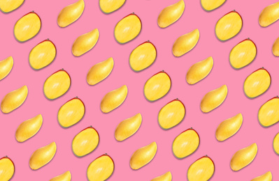 Image of Pattern of whole and cut mango fruits on pink background