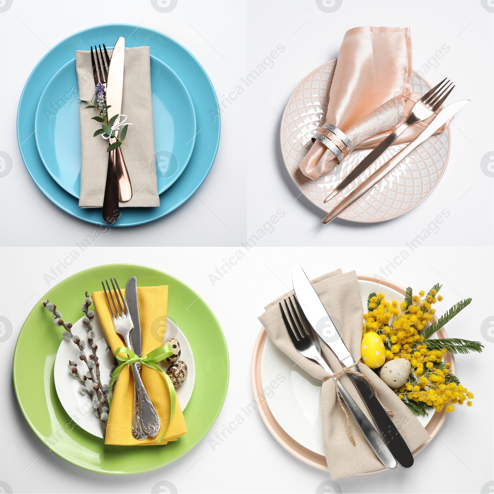 Image of Set with examples of different beautiful table settings on white background, top view