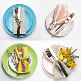 Set with examples of different beautiful table settings on white background, top view