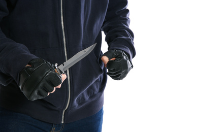 Photo of Man with knife on white background, closeup. Dangerous criminal