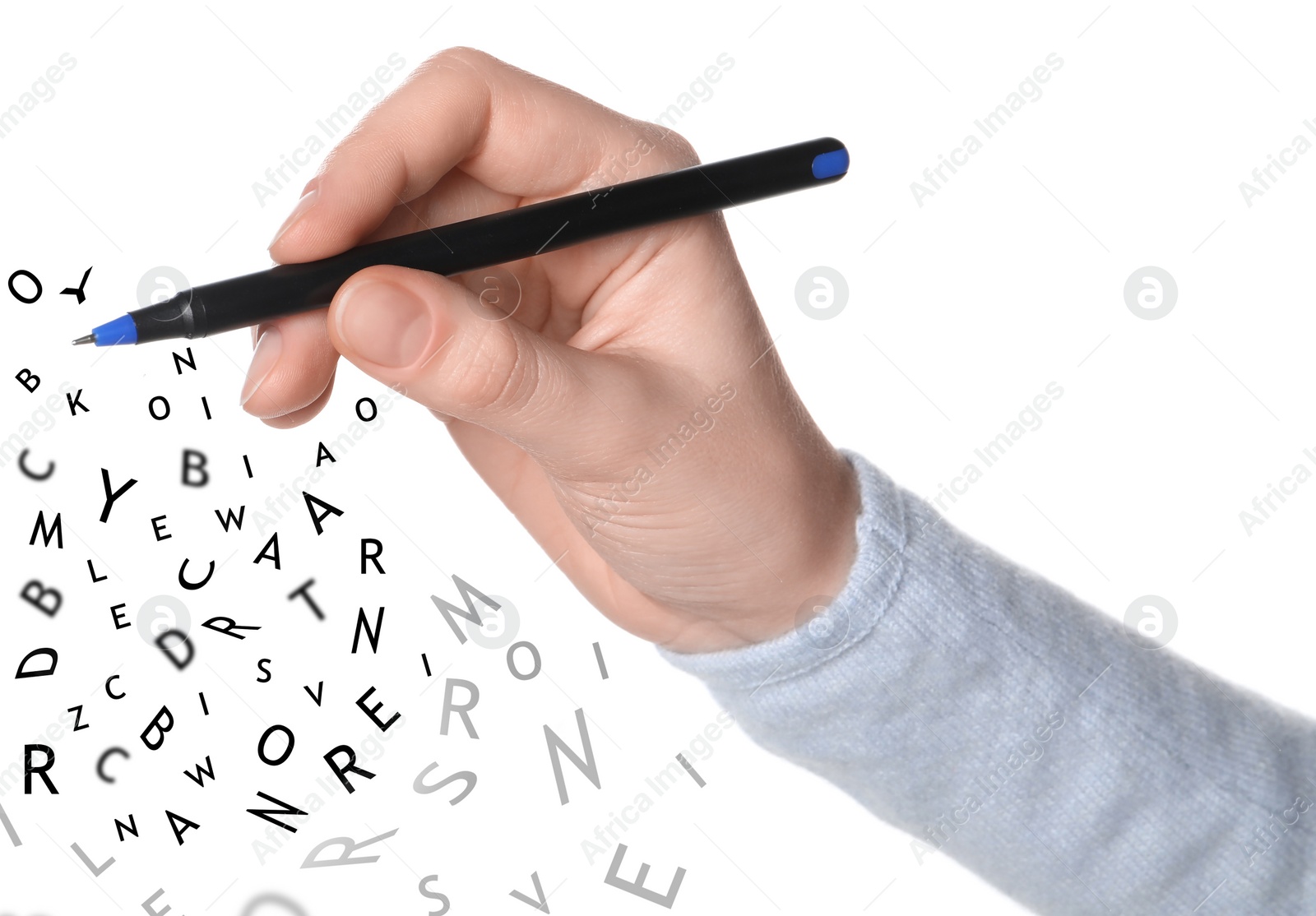 Image of Woman writing letters and they flying away on white background, closeup