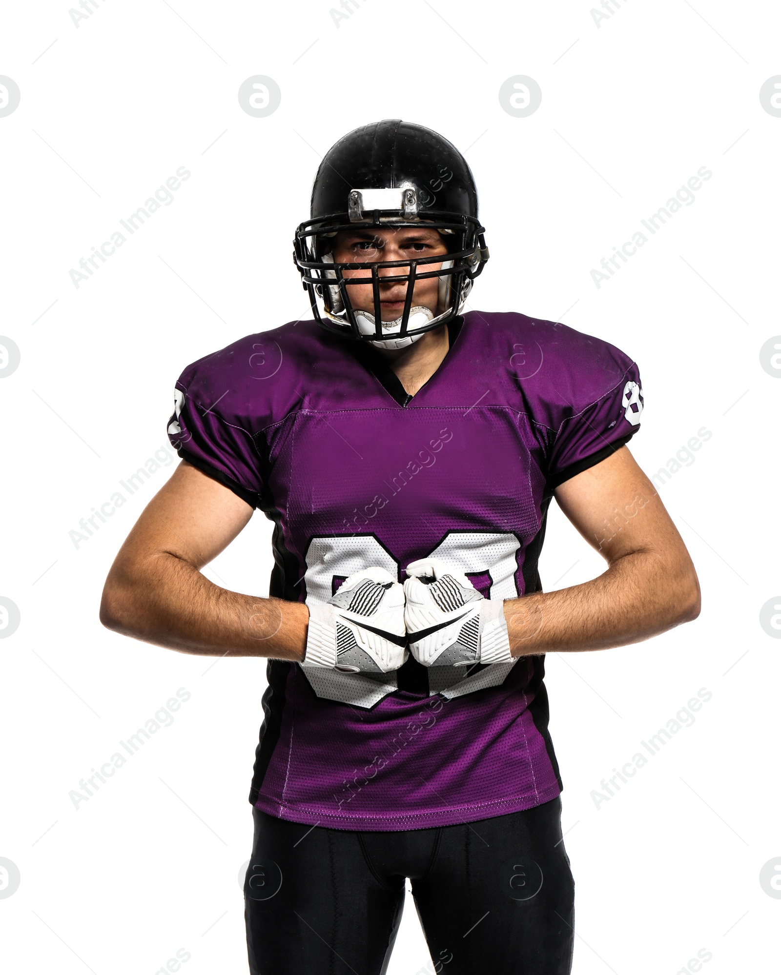 Photo of American football player wearing uniform on white background