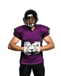 American football player wearing uniform on white background