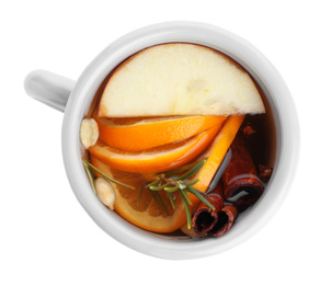 Photo of Aromatic mulled wine isolated on white, top view