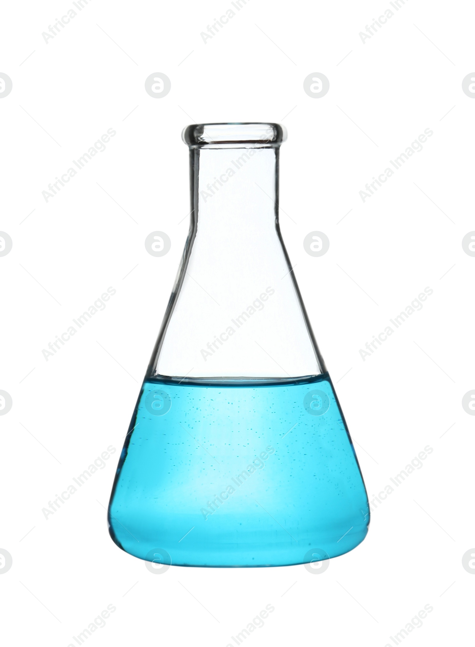 Photo of Erlenmeyer flask with light blue liquid isolated on white
