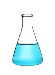 Photo of Erlenmeyer flask with light blue liquid isolated on white