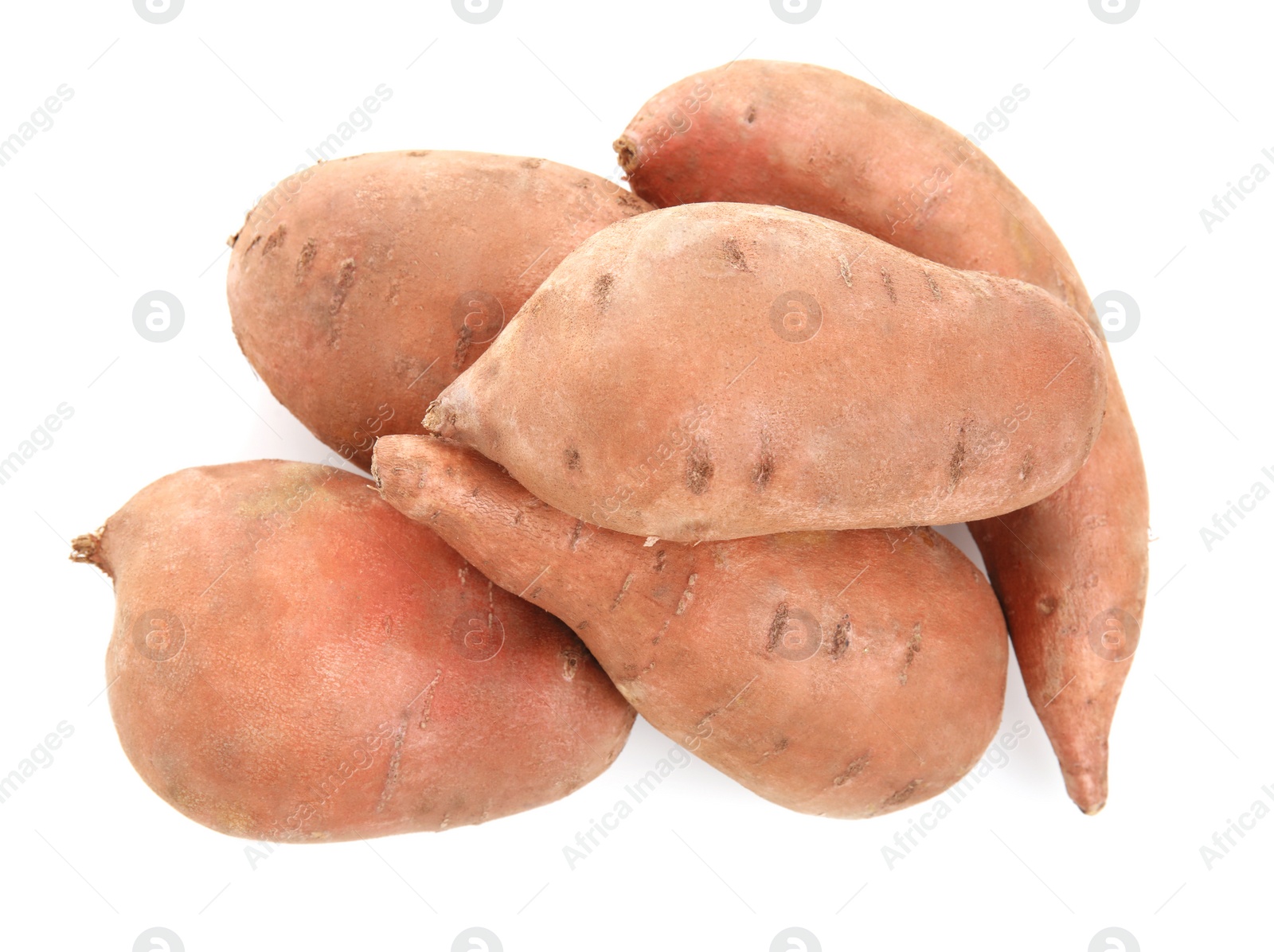 Photo of Tasty fresh sweet potatoes on white background, top view