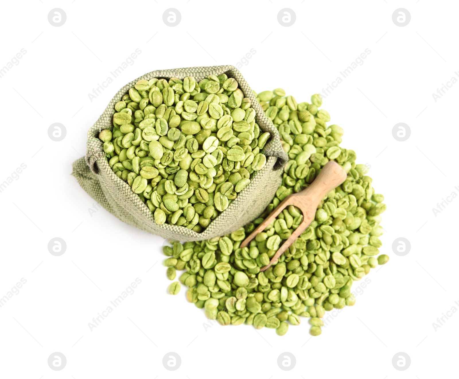 Photo of Sackcloth bag with green coffee beans on white background, top view