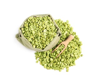 Sackcloth bag with green coffee beans on white background, top view
