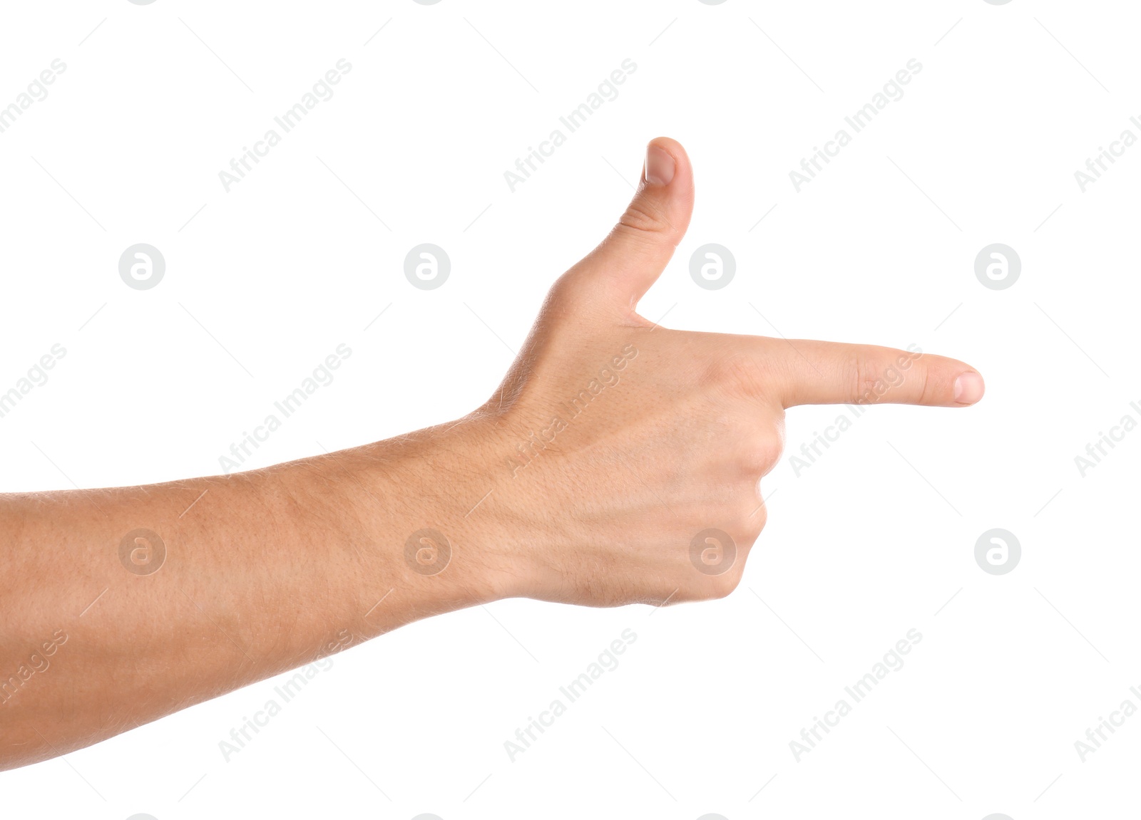 Photo of Man pointing at something on white background, closeup of hand