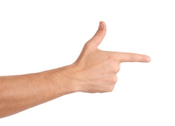 Photo of Man pointing at something on white background, closeup of hand