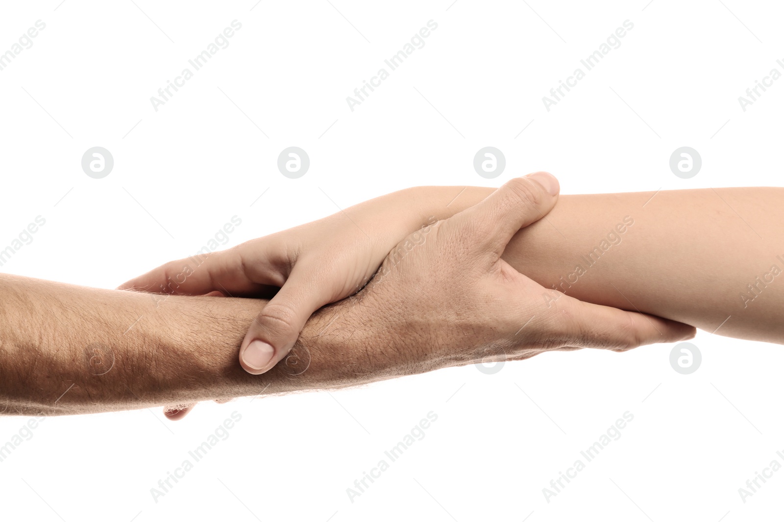 Photo of Man and woman holding hands on white background, closeup. Help and support concept