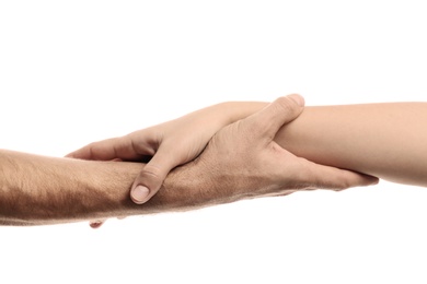 Man and woman holding hands on white background, closeup. Help and support concept