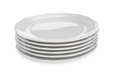 Photo of Stack of ceramic plates on white background