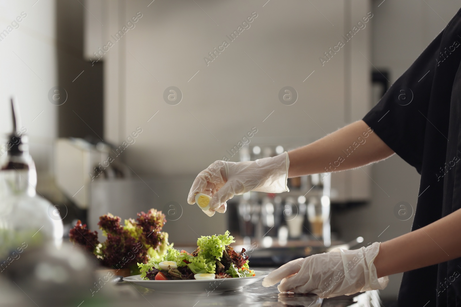 Photo of Female chef cooking tasty food in restaurant kitchen, closeup