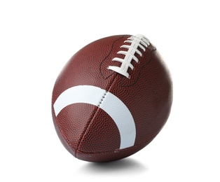 Photo of Leather American football ball on white background