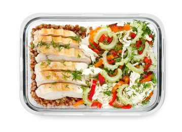 Photo of Healthy meal. Chicken breast, buckwheat and salad in container isolated on white, top view