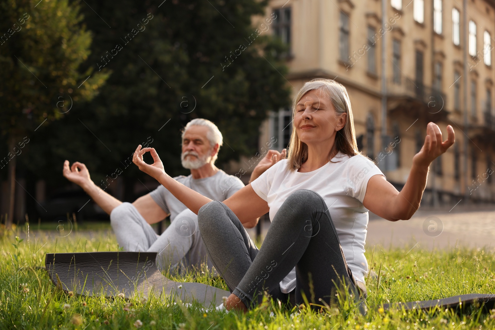 Photo of Senior couple practicing yoga on green grass outdoors, selective focus