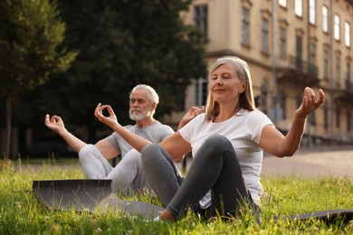 Senior couple practicing yoga on green grass outdoors, selective focus