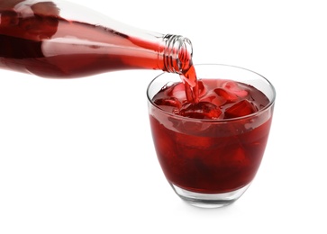 Photo of Pouring grape soda water into glass on white background, closeup. Refreshing drink