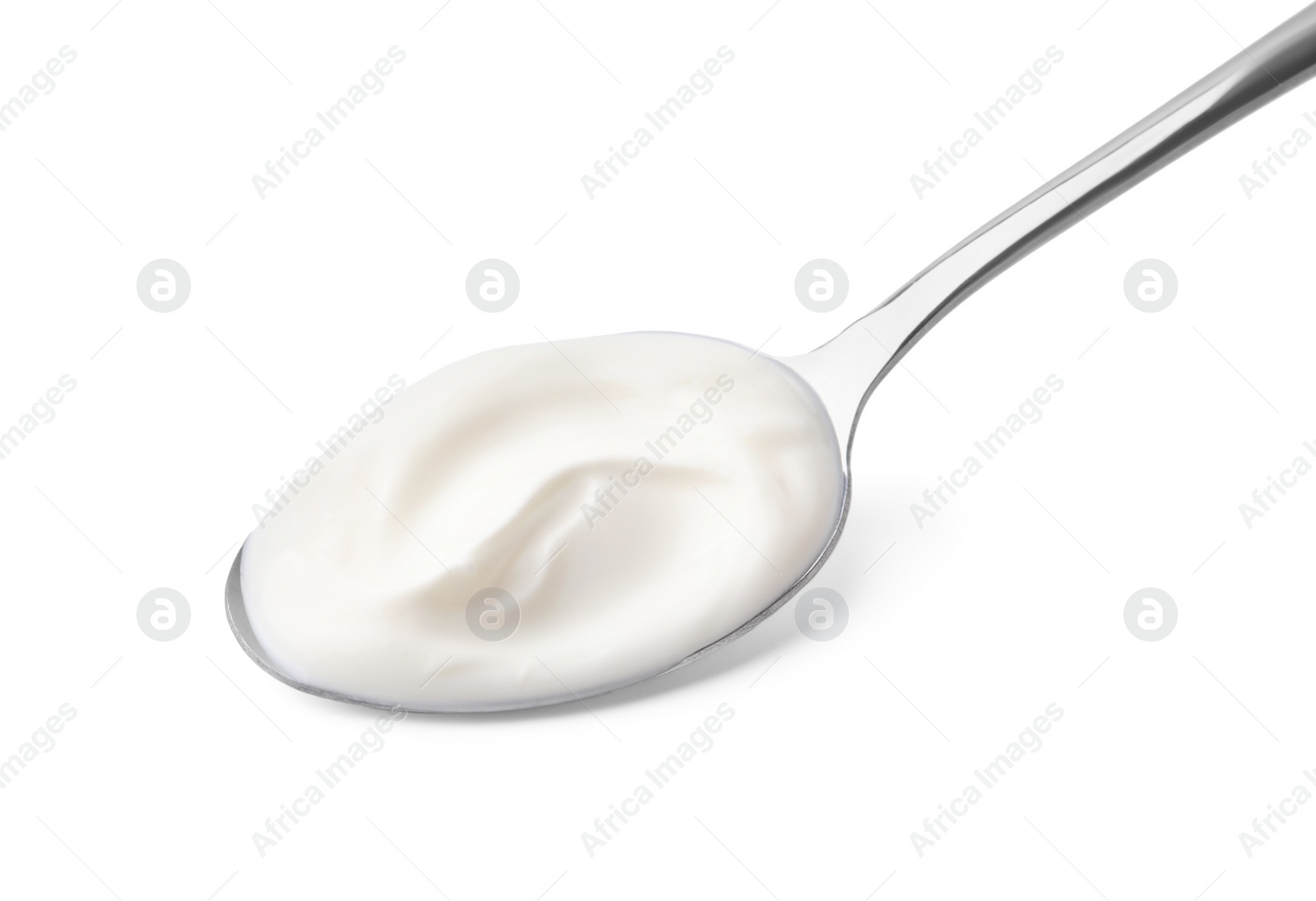 Photo of Spoon with delicious sour cream isolated on white