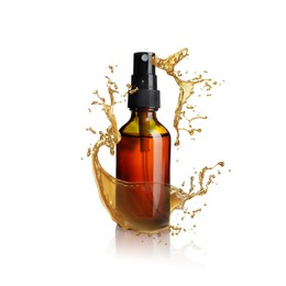 Image of Bottle of cosmetic product with essential oil and splashes around on white background