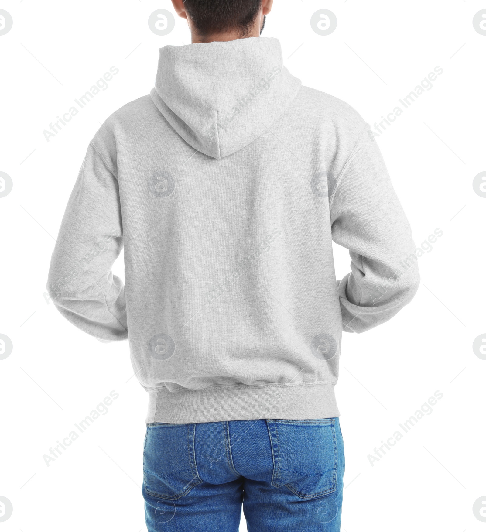 Photo of Young man in sweater isolated on white, closeup. Mock up for design