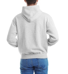 Photo of Young man in sweater isolated on white, closeup. Mock up for design