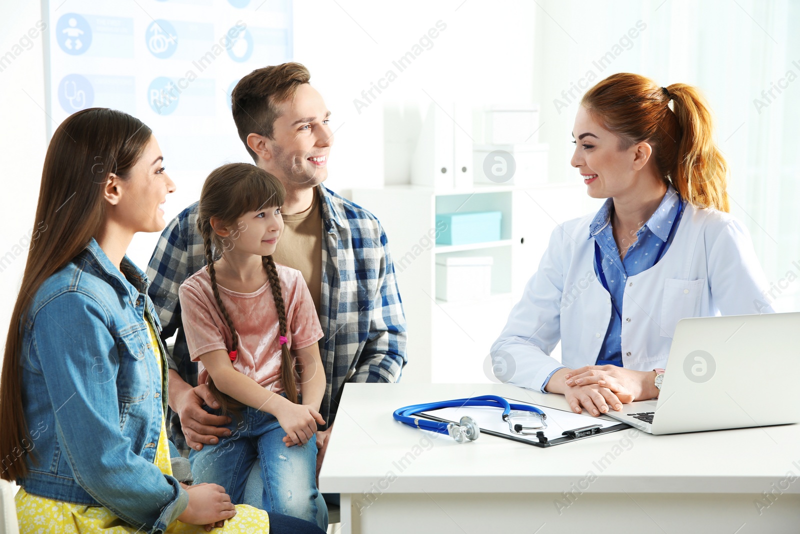 Photo of Family with child visiting doctor in hospital