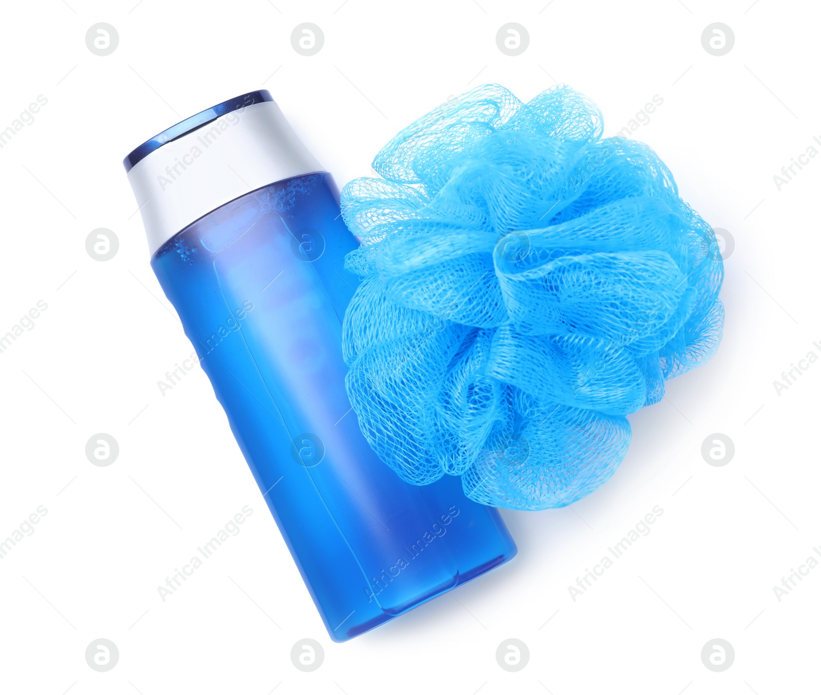 Photo of Shower gel and bast wisp isolated on white, top view. Men's cosmetics