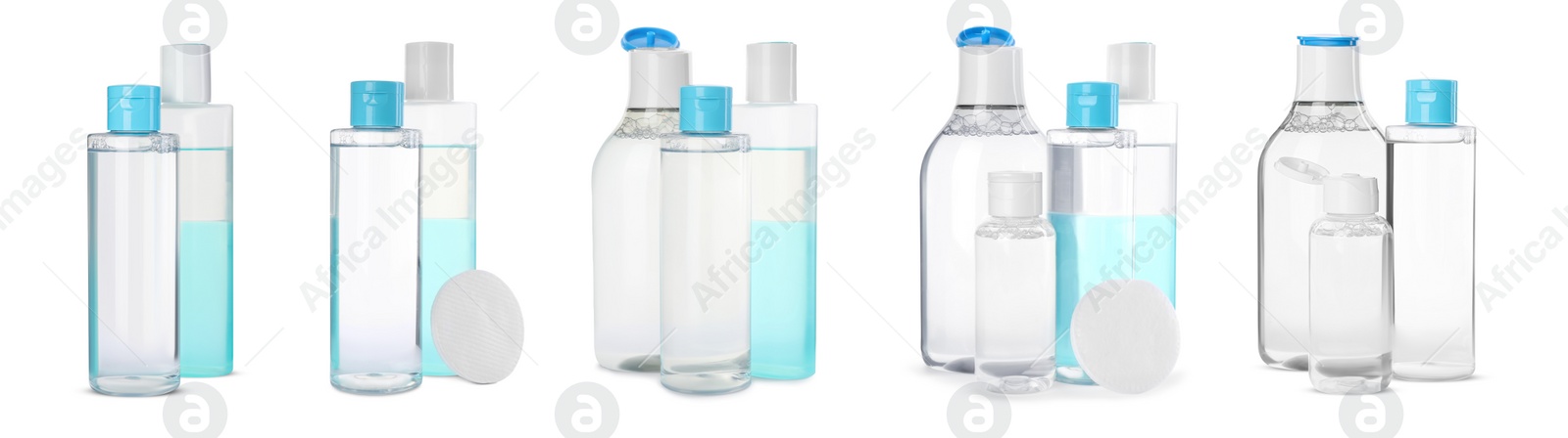 Image of Set with bottles of micellar cleansing water and cotton pads on white background