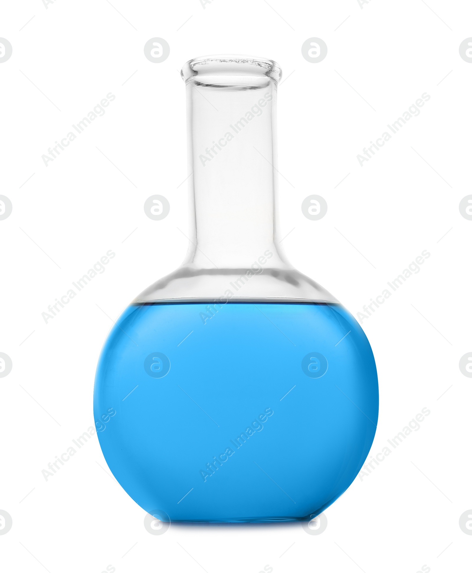 Photo of Flask with color sample isolated on white. Chemistry glassware