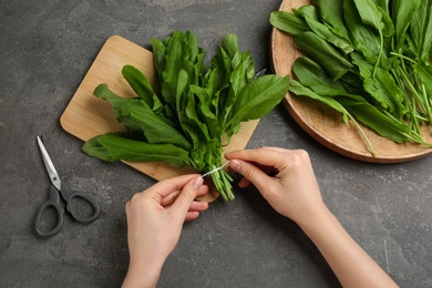 Photo of Woman tying bunch of sorrel leaves at grey table, top view