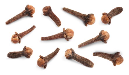 Image of Set with aromatic dried cloves on white background 