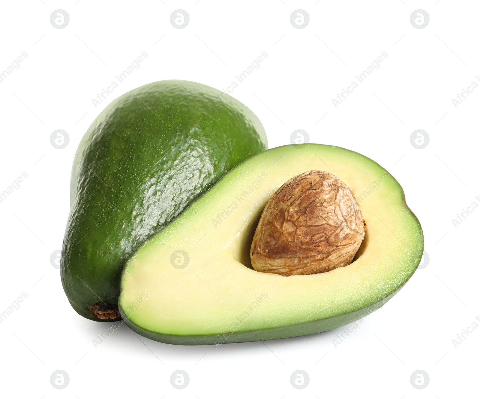 Photo of Ripe fresh avocados on white background