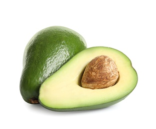 Photo of Ripe fresh avocados on white background