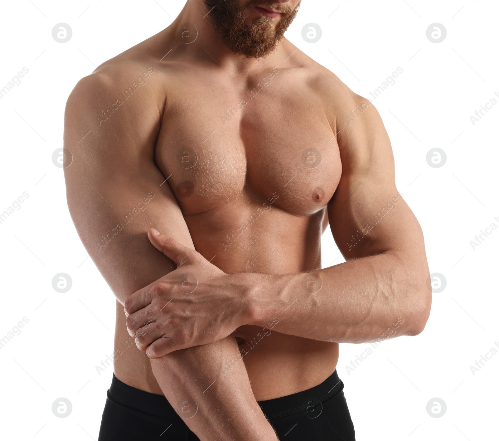 Photo of Man with muscular body on white background, closeup