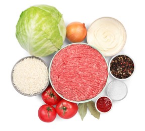 Photo of Set of ingredients for preparing stuffed cabbage rolls isolated on white, top view