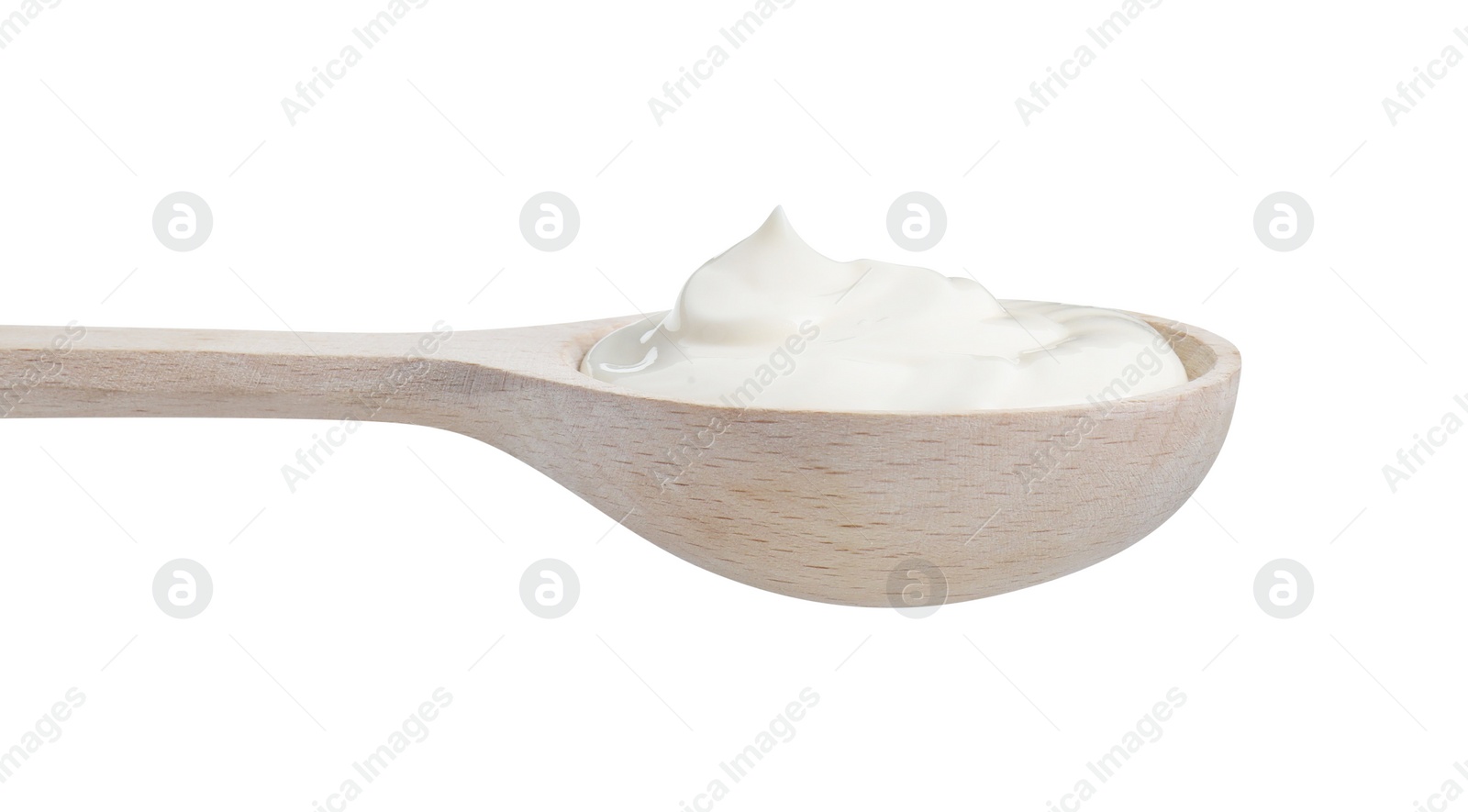 Photo of One wooden spoon with mayonnaise isolated on white