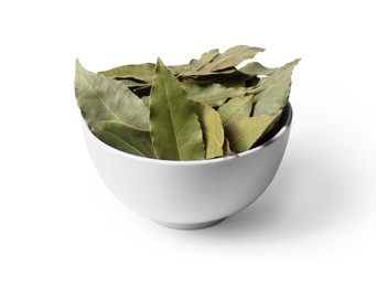 Photo of Aromatic bay leaves in bowl on white background