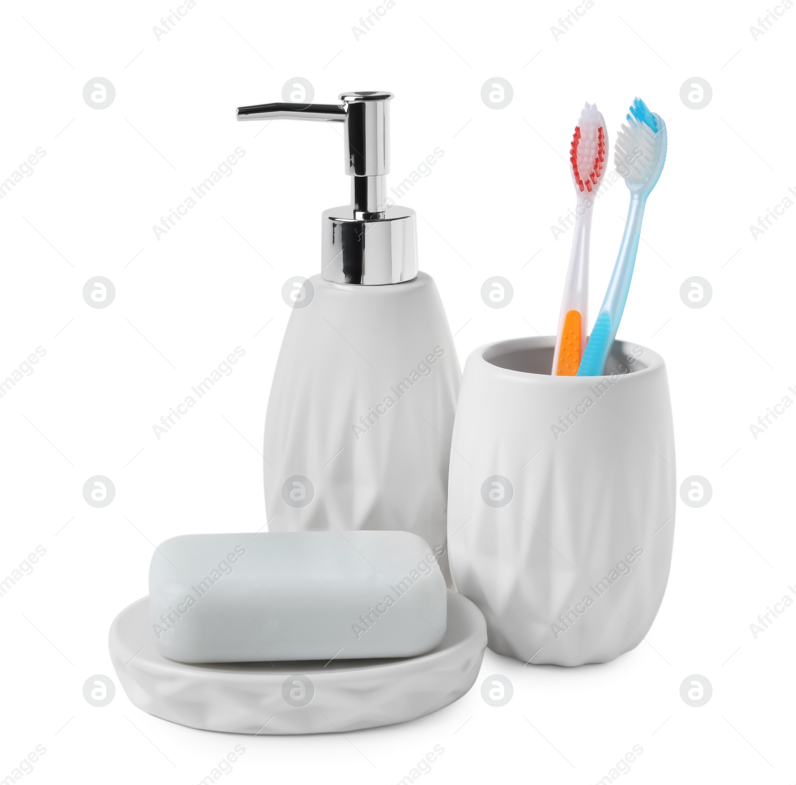 Photo of Bath accessories. Different personal care products isolated on white