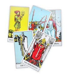 Photo of Tarot cards on white background, top view