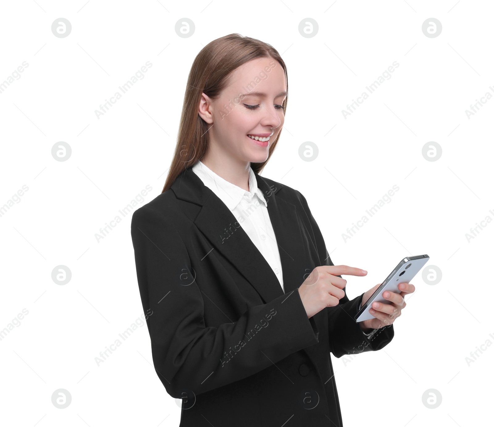 Photo of Woman sending message via smartphone isolated on white