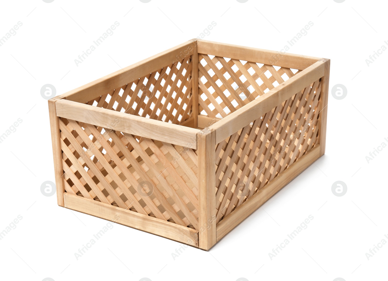 Photo of Empty open wooden crate isolated on white