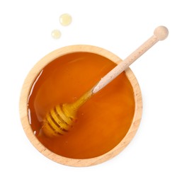 Tasty honey in bowl and dipper isolated on white, top view