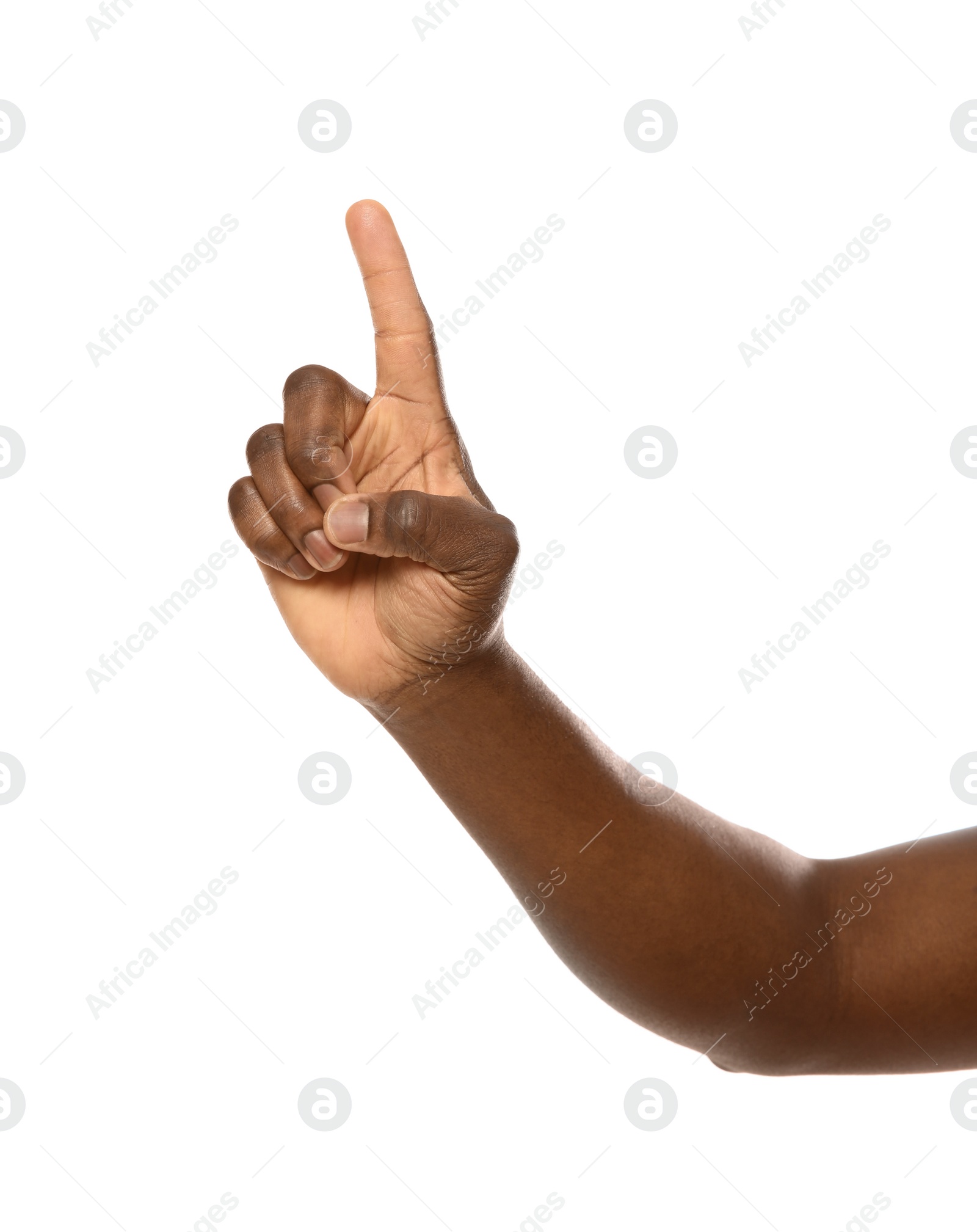 Photo of African-American man pointing at something on white background, closeup