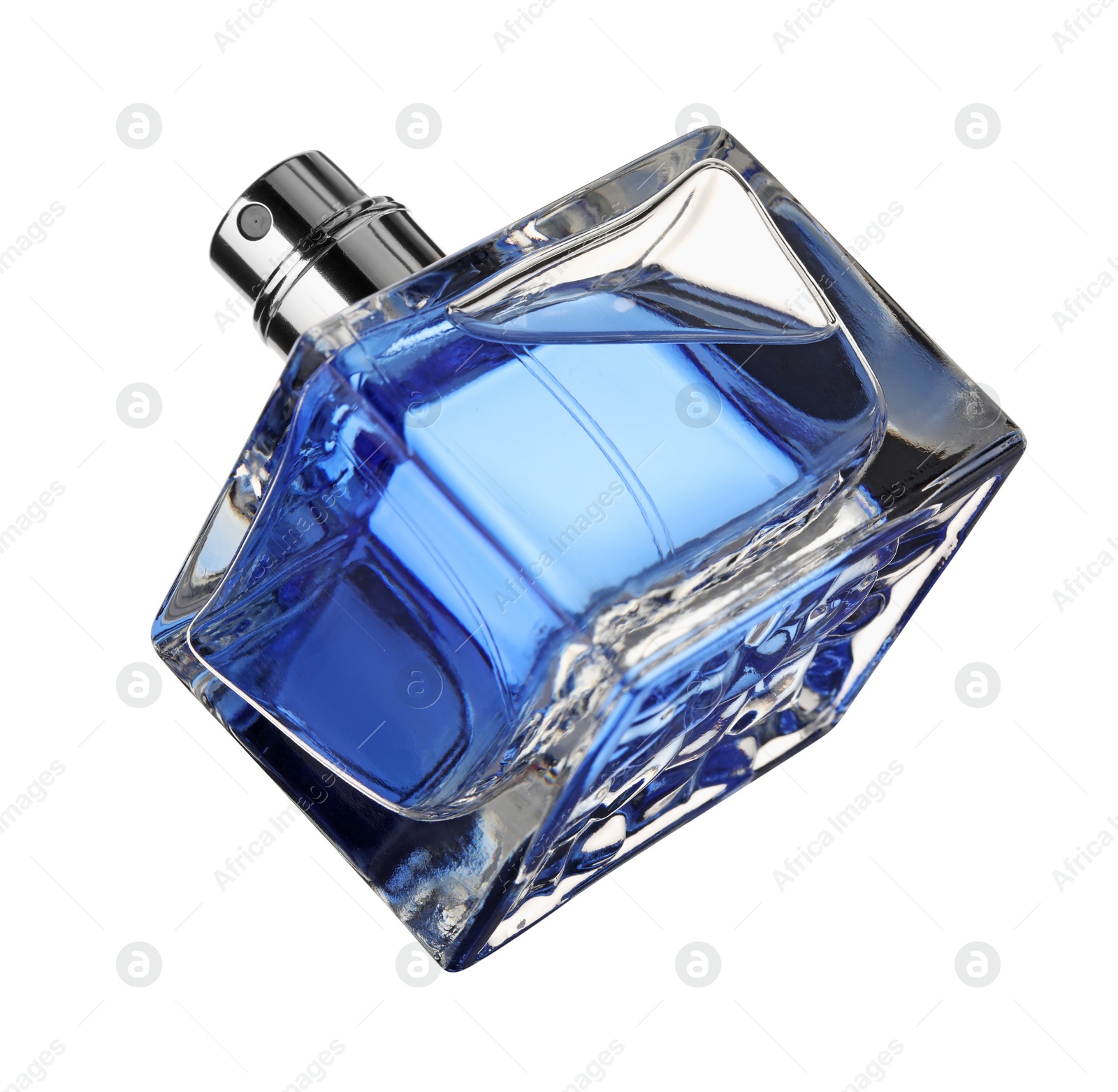 Photo of Blue men's perfume in bottle isolated on white